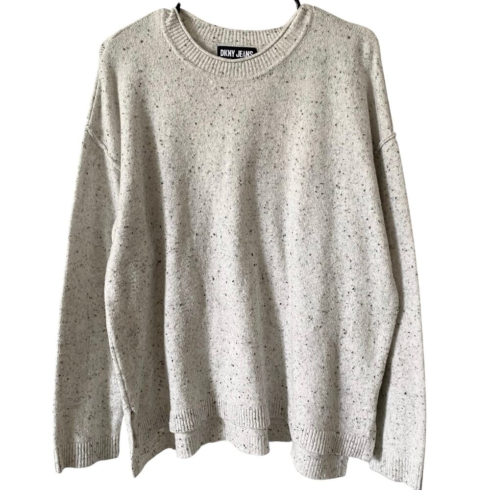 DKNY Marled Crew Neck Sweater Lightweight Size Large Cream Stretch Casual